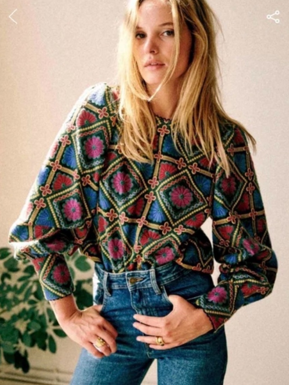 Sezane Black Multicolor Embroidered Geometric Top